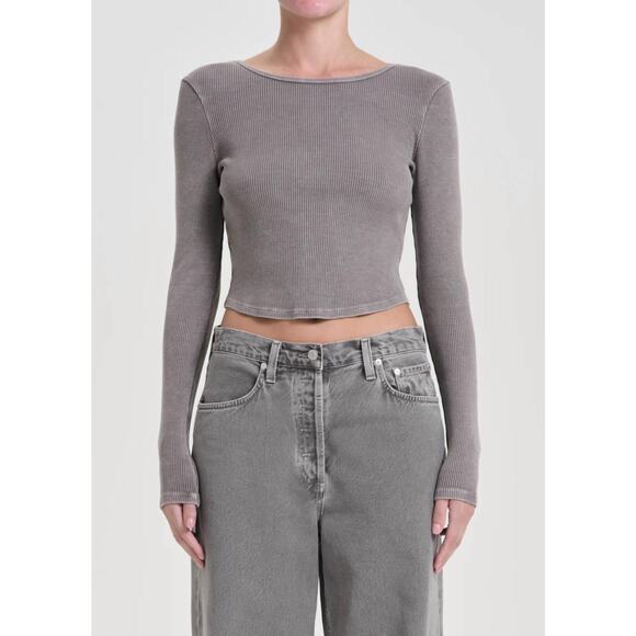 Agolde Women's Nova Long Sleeve Ribbed T-shirt in Owl Size Large - Picture 1 of 9